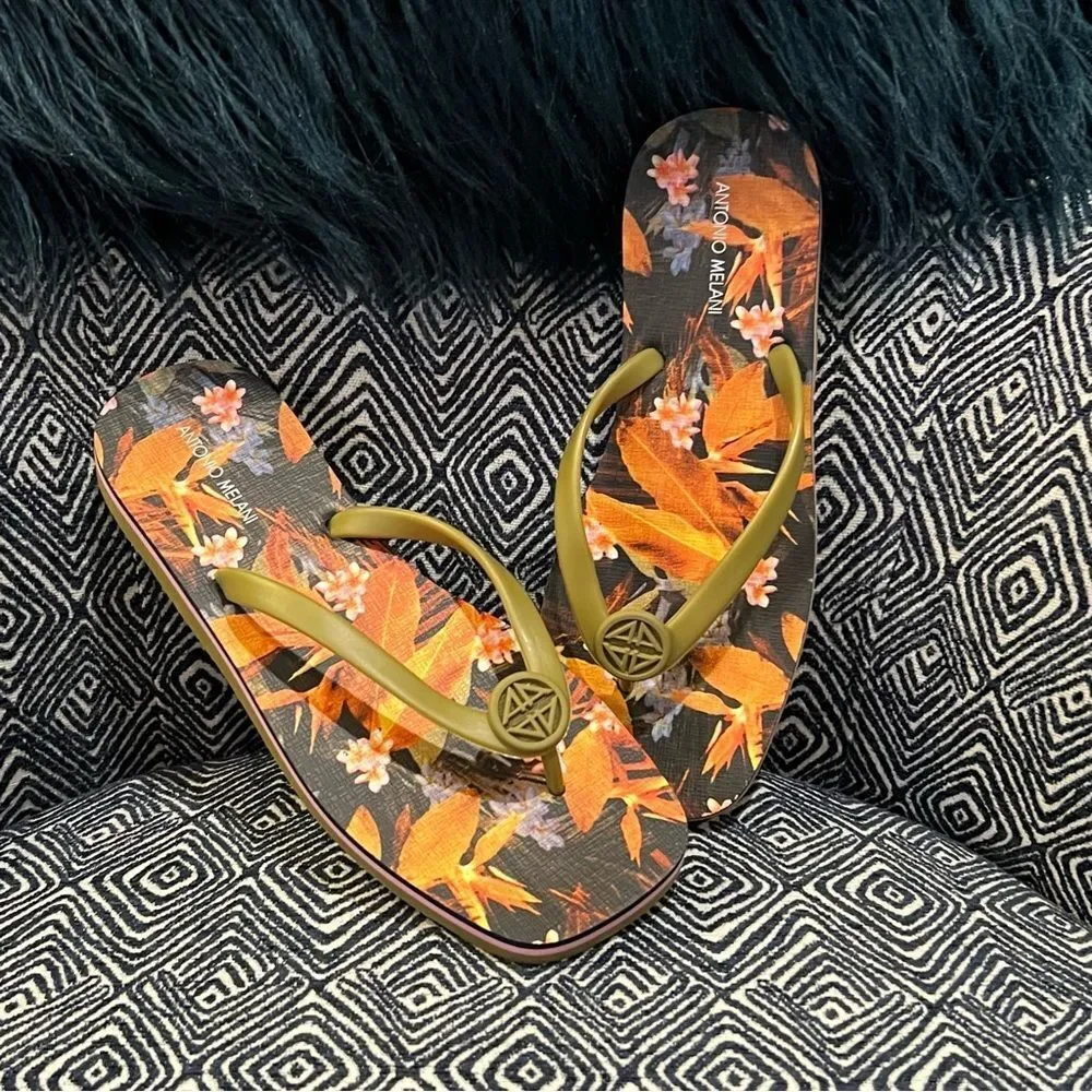 ANTONIO MELANI Orange and Black Floral flip flops‎